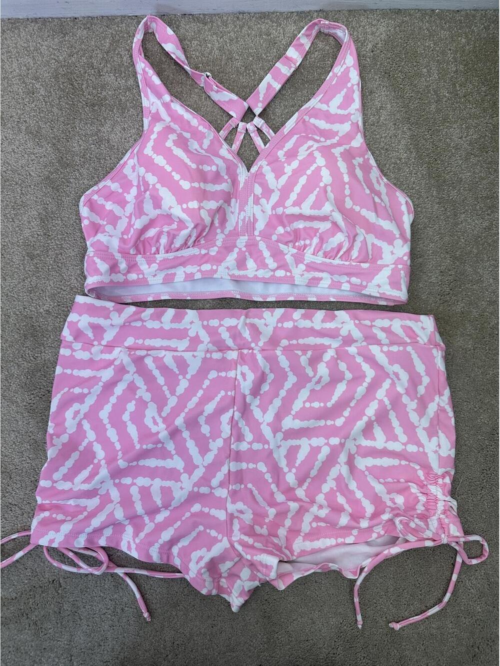 Women’s Sz XL Pink & White Two Piece Swimsuit Racerback Top & Shorts